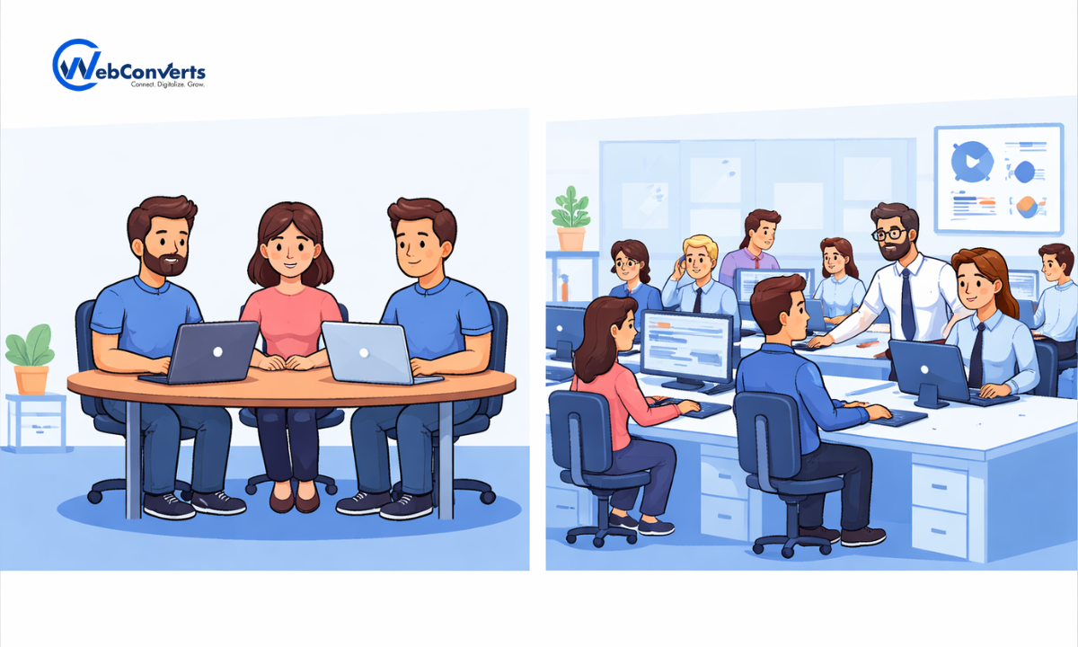 in-house team vs agency office illustration